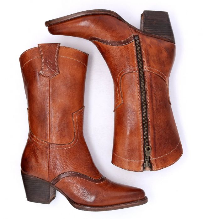 (image for) Basanti Cowgirl Zipper Boots Cognac & Teak Rustic Leather